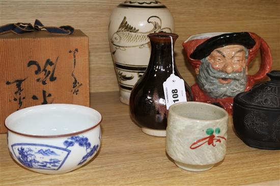 A Japanese Temmoku bottle, a Mashiko stoneware Unomi cup, a Cizhou-style vase and other items